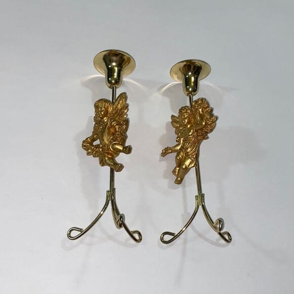 VTG,Metal And Resin Cherub Charming Gold Angel Taper Candle Holder Wall Hooks - Picture 4 of 9